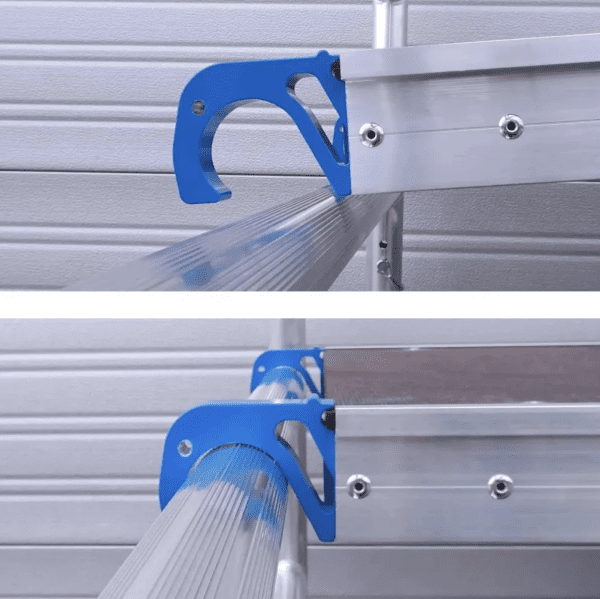 Ganci di fissaggio in alluminio della piattaforma trabattello ASC per una connessione sicura al ponteggio.