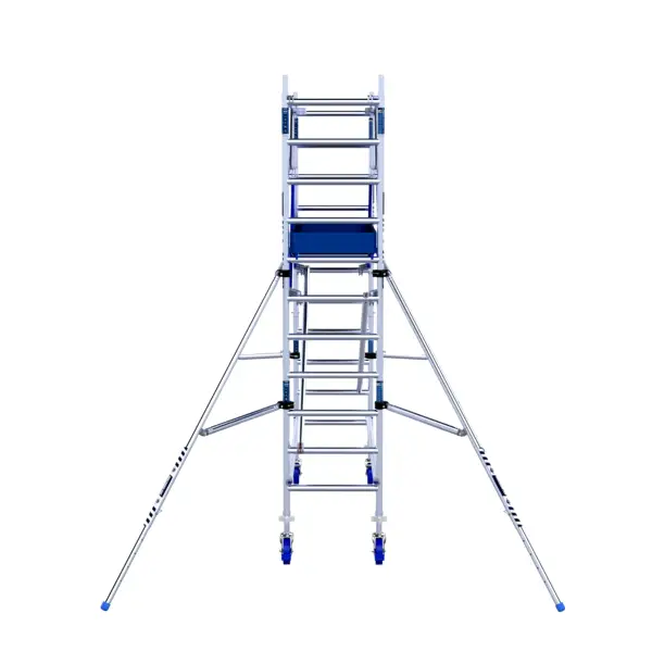 Trabattello professionale con scale integrate per un accesso sicuro alla piattaforma e supporti laterali per maggiore stabilità.