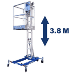 ASC XS-Lift sollevatore compatto per una persona con altezza di lavoro di 3,8 metri, compatto, sicuro e affidabile. Perfetto per lavori in altezza industriali e domestici.