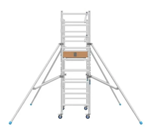 Trabattello da interno ASC A-Line con piattaforma in legno, stabilizzatori e ruote robuste, vista laterale.