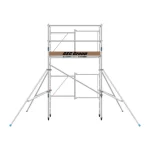 Trabattello ASC A-Line Modulo 3, vista posteriore con struttura modulare in alluminio, stabilizzatori e piattaforma in legno.