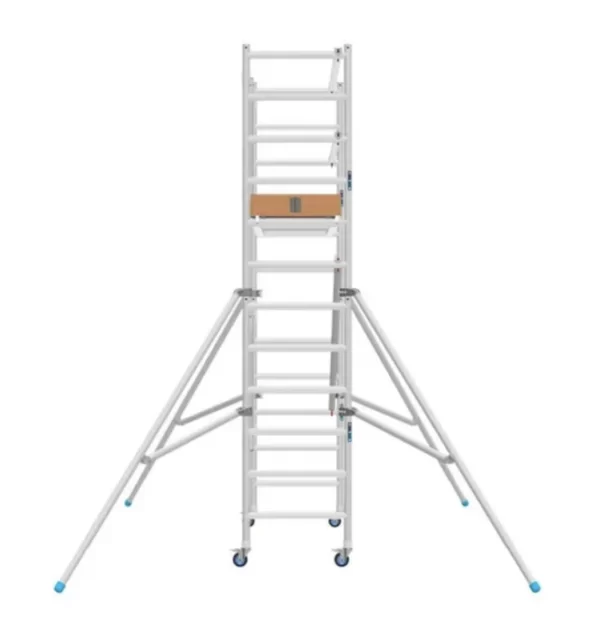 Trabattello da interno ASC A-Line Modulo 3, realizzato in alluminio con stabilizzatori e piattaforma in legno, vista frontale.