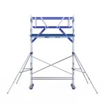 Trabattello industriale ASC, dimensioni 75x250x5,2 metri, vista frontale con correnti rinforzati e stabilizzatori laterali.