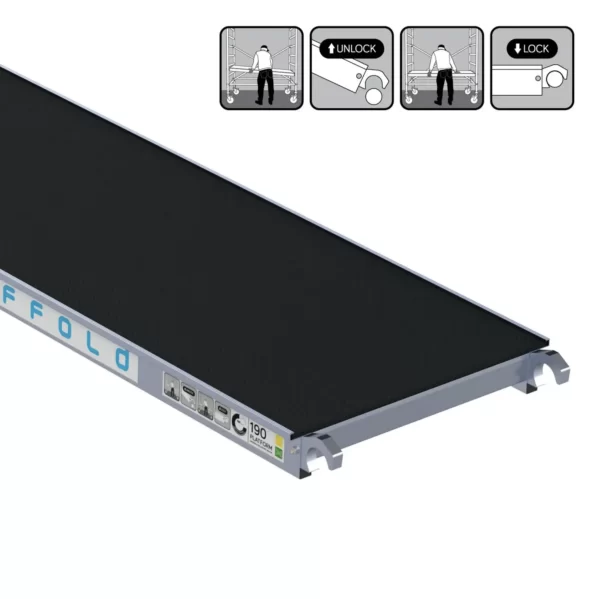 Piattaforma mobile EuroScaffold senza botola, in carbonio con indicazione del sistema di aggancio e sgancio.